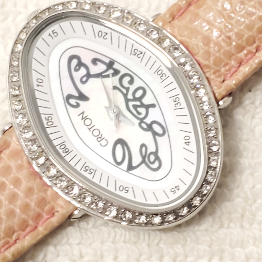 Croton Diamonds Bezel Women's Watch Pink Genuine Strap Mother Pearl Dial Vintage - Picture 4 of 12